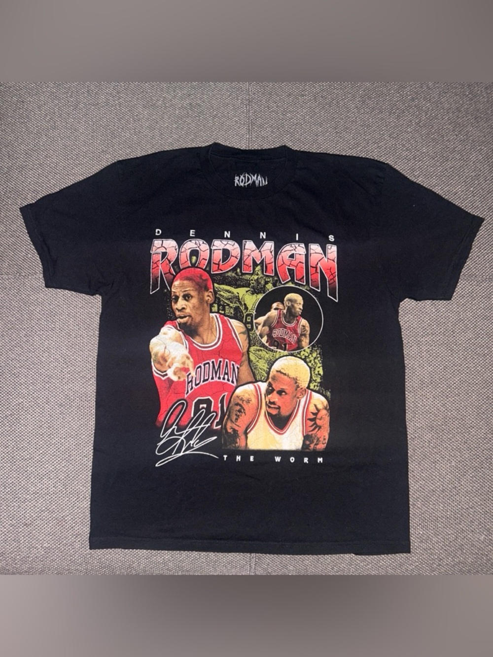 NBA Dennis Rodman Black Graphic Tee with Red and Yellow Print